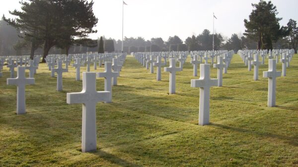 military cemetery of white crosses.