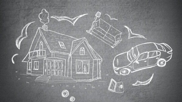 drawing of a house, furniture, car.