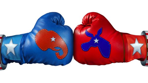 boxing gloves with republican elephant and democrat donkey.
