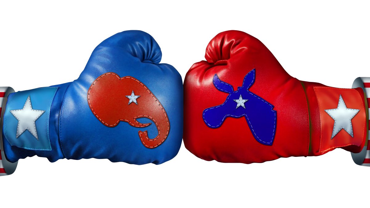 boxing gloves with republican elephant and democrat donkey.
