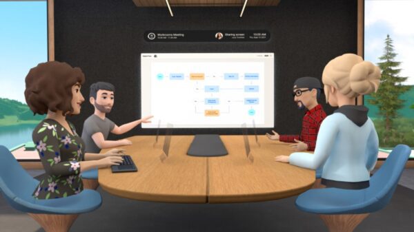 a virtual reality meeting with avatars.