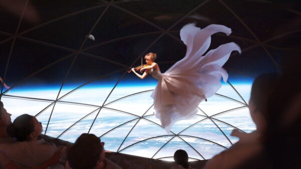 woman playing the violin on a space ship.