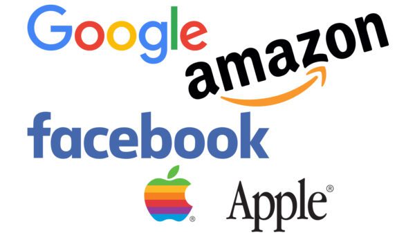Logos for tech companies Google, Amazon, Facebook, and Apple.