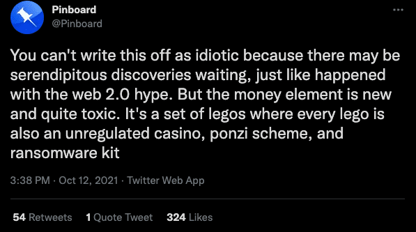 tweet by pinboard, saying, It's a set of legos where every lego is also an unregulated casino, Ponzi scheme, and ransomware kit.