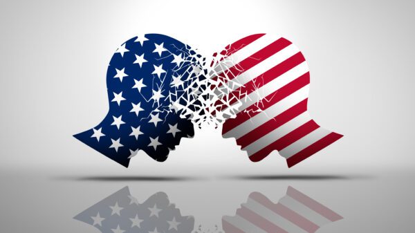 An outline of two people headbutting silhouetted with stars and stripes.
