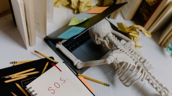 A plastic skeleton leaning on a laptop.