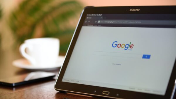 A tablet displaying Google's homepage.
