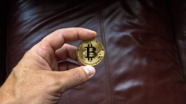 A person holding a Bitcoin.
