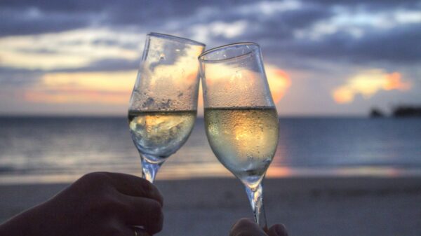 Two people toasting a drink at sunset.