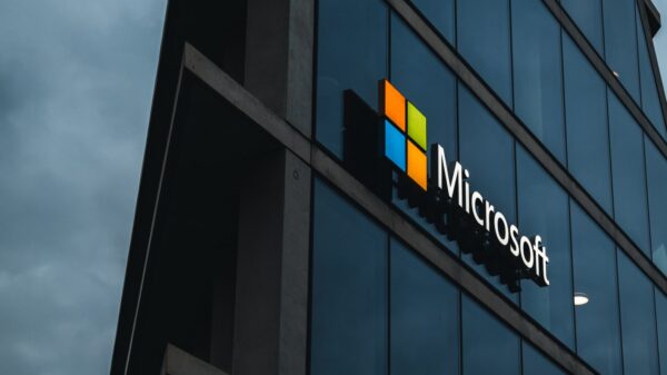 The Microsoft logo on a building.