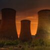 Nuclear cooling towers at sunset.