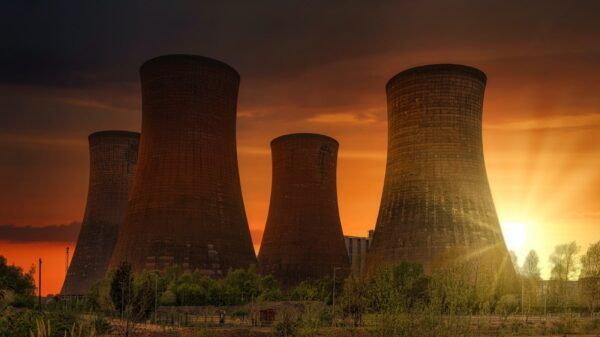 Nuclear cooling towers at sunset.