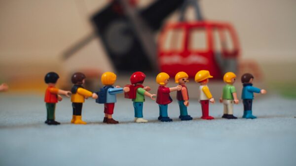 Lego miniatures in a line.