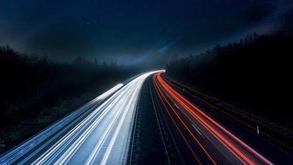 Light trails on a highway at night.