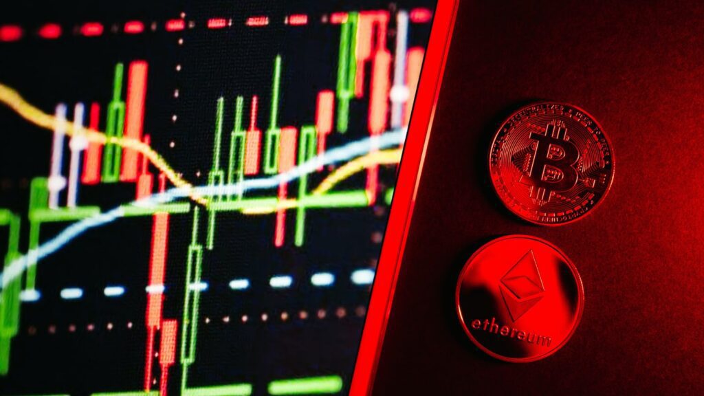 red bitcoin and ether coin next to a line graph.