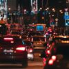 Traffic on a city street at night.