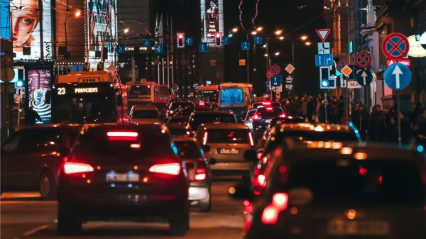 Traffic on a city street at night.
